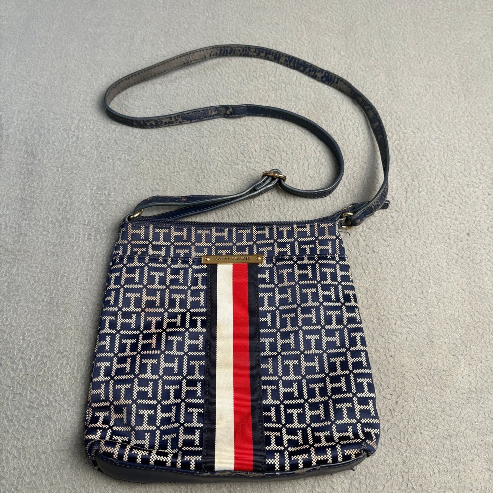 Tommy Hilfiger Navy Monogram Crossbody Bag Red White Stripe Messenger